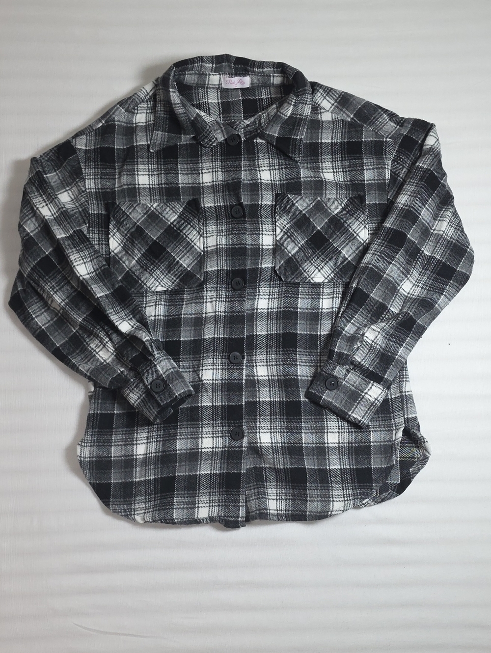 0867 Pink Lily Black and White Plaid Button-Up Sweater;L